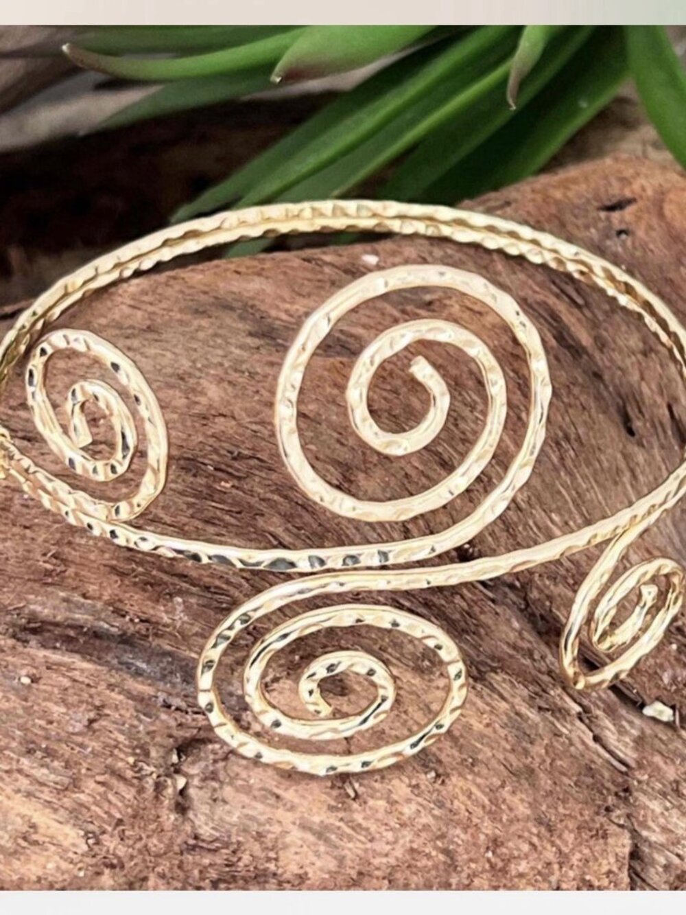 Gold Spiral Armlet Cuff Bracelet Swirl Design Textured Tribal Boho Hippie